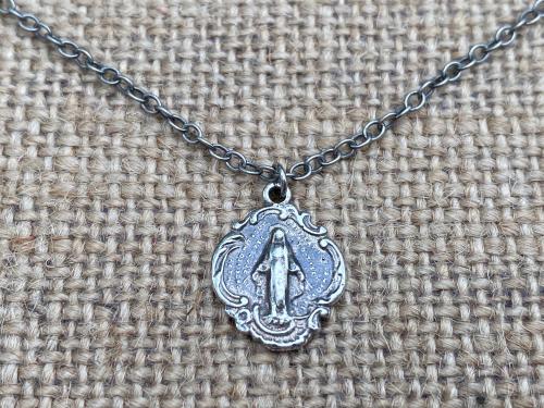 Sterling Silver Small Miraculous Medal, Antique Replica, Pendant Necklace, Blessed Virgin Mary, Our Lady of Lourdes, Our Lady Miracle, MM3