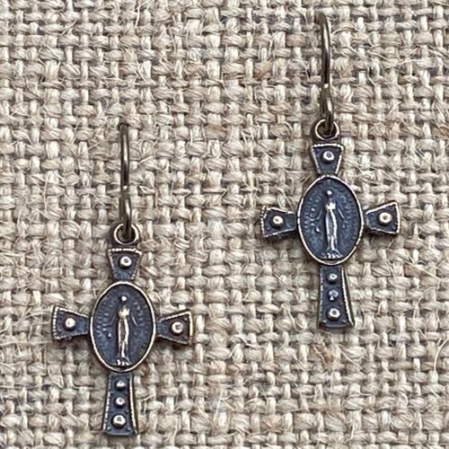 Bronze Miraculous Medal Cross Earrings, Antique Replicas, French Hook Dangle, Our Lady of Lourdes, Blessed Virgin Mary, Our Lady of Miracles