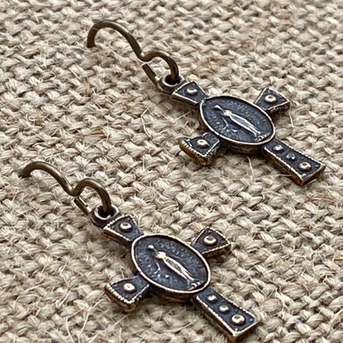 Bronze Miraculous Medal Cross Earrings, Antique Replicas, French Hook Dangle, Our Lady of Lourdes, Blessed Virgin Mary, Our Lady of Miracles