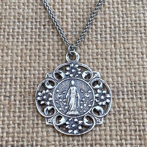 Sterling Silver Mary in a Flower Garden Our Lady of Grace Lourdes Antique Replica Medal Necklace Marian Holy Virgin Mother Fatima, Catholic