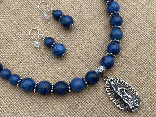 Sterling Silver Our Lady of Guadalupe Pendant, Antique Replica Medal, Grade AAA Dumortierite Gemstone Necklace, Nuestra Señora de Guadalupe