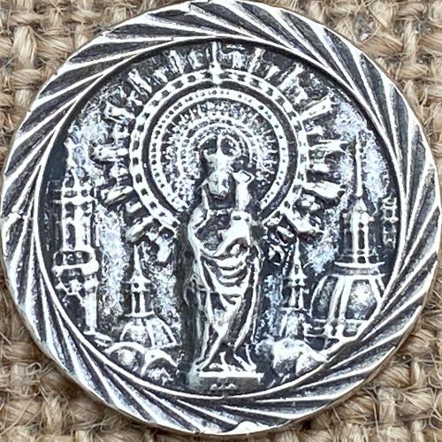 Sterling Silver Our Lady of the Pillar Medal Pendant Necklace, Antique Replica Medallion, Blessed Virgin Mary, Our Lady of the Pilar, Spain