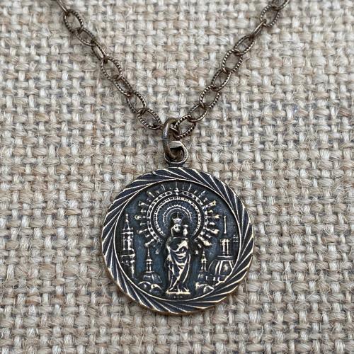 Bronze Our Lady of the Pillar Medal Pendant Necklace, Antique Replica, Blessed Virgin Mary, Spain, Nuestra Señora del Pilar, of the Pilar