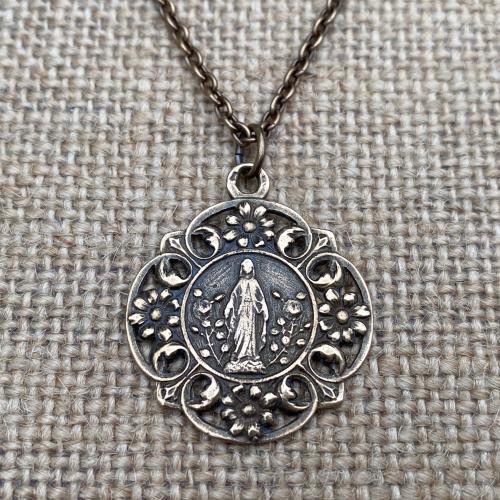 Bronze Blessed Virgin Mary Medal Pendant Necklace, In a Flower Garden, French Antique Replica, Our Lady of Lourdes, 19th Anniversary Gift