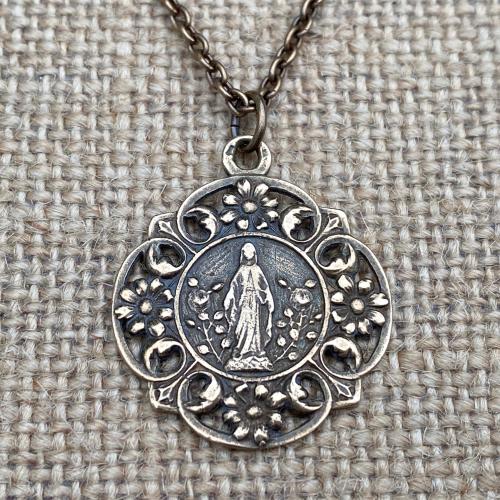 Bronze Blessed Virgin Mary Medal Pendant Necklace, In a Flower Garden, French Antique Replica, Our Lady of Lourdes, 19th Anniversary Gift