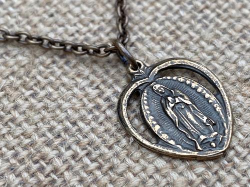 Bronze Our Lady of Guadalupe Medal Pendant Necklace, Antique Replica from Mexico, Heart Pendant, Blessed Virgin Mary, Virgin of Guadalupe