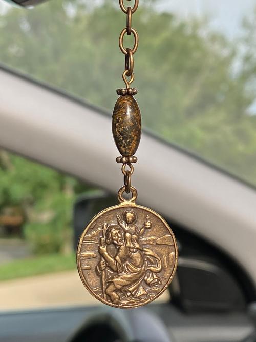 Bronze Rearview Mirror St. Christopher and Our Lady of the Way Good Road Car Accessory Mirror Hanging Hang Dangling Antique Replica Bronzite