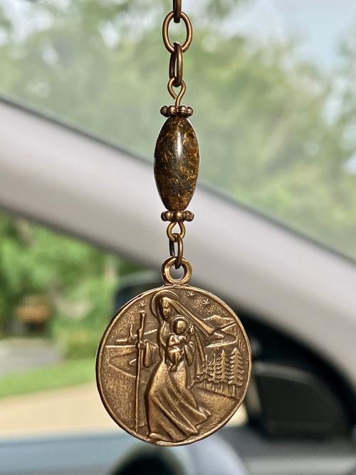 Bronze Rearview Mirror St. Christopher and Our Lady of the Way Good Road Car Accessory Mirror Hanging Hang Dangling Antique Replica Bronzite