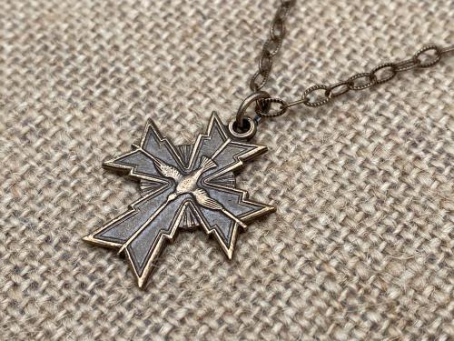 Bronze Holy Spirit Dove Cross Medal Pendant Necklace, Antique Replica, Cross with a Holy Spirit Dove at the center, Descending Dove Necklace