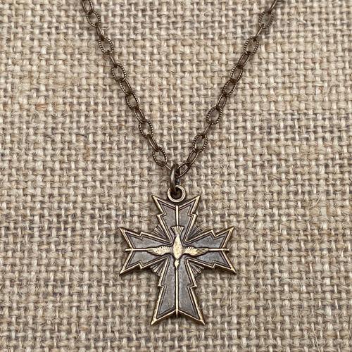 Bronze Holy Spirit Dove Cross Medal Pendant Necklace, Antique Replica, Cross with a Holy Spirit Dove at the center, Descending Dove Necklace