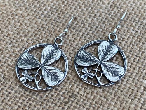 Sterling Silver Shamrock French Hook Earrings, Dangling Shamrock Earrings, Saint Patrick Earrings, Irish Catholic Earrings, Antique Replica