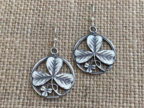 Sterling Silver Shamrock French Hook Earrings, Dangling Shamrock Earrings, Saint Patrick Earrings, Irish Catholic Earrings, Antique Replica