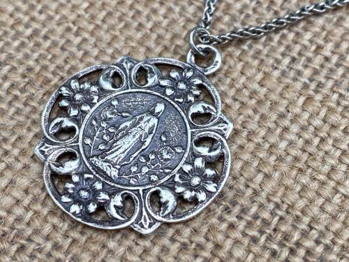 Sterling Silver Mary in a Flower Garden Our Lady of Grace Lourdes Antique Replica Medal Necklace Marian Holy Virgin Mother Fatima, Catholic