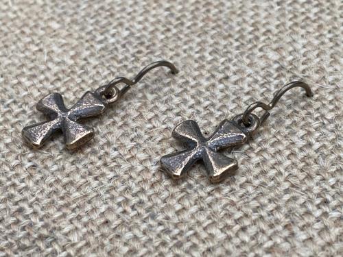 Bronze Cross Earrings, French Hooks, African Antique Replicas, Simple Small Dangling Crosses, Beautiful with Holy Moments Bronze Medals!