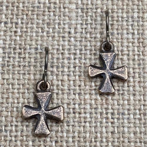 Bronze Cross Earrings, French Hooks, African Antique Replicas, Simple Small Dangling Crosses, Beautiful with Holy Moments Bronze Medals!