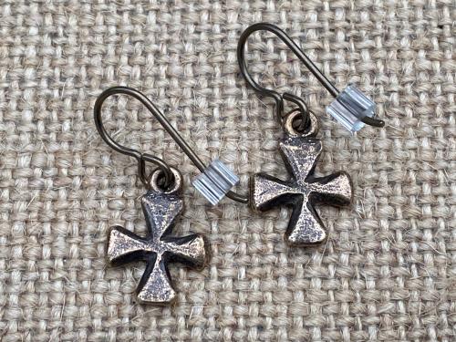 Bronze Cross Earrings, French Hooks, African Antique Replicas, Simple Small Dangling Crosses, Beautiful with Holy Moments Bronze Medals!