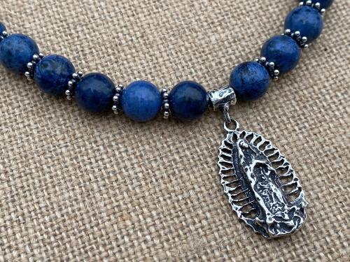 Sterling Silver Our Lady of Guadalupe Pendant, Antique Replica Medal, Grade AAA Dumortierite Gemstone Necklace, Nuestra Señora de Guadalupe