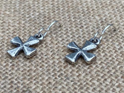 Sterling Silver Small Cross Earrings, Dangling Crosses on French Hooks, African Antique Replicas, Petite Cross Earrings, Confirmation Gift