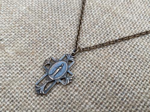 Bronze Miraculous Medal Cross Pendant and Necklace, Antique Replica, Blessed Virgin Mary, Immaculate Conception, Our Lady of the Miracle