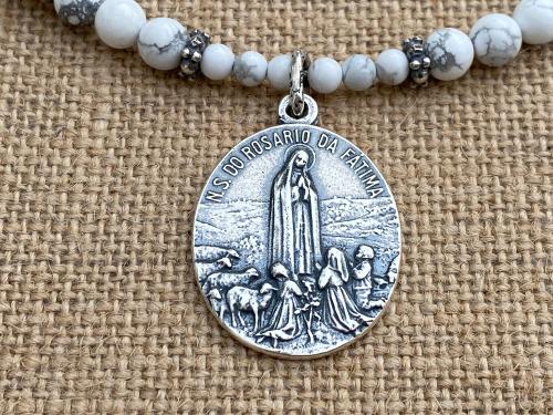 Sterling Silver Our Lady of Fatima Medal Pendant, Antique Replica, White Howlite Gemstone Necklace, Our Lady of the Rosary, Virgin Mary