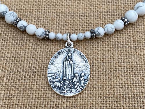 Sterling Silver Our Lady of Fatima Medal Pendant, Antique Replica, White Howlite Gemstone Necklace, Our Lady of the Rosary, Virgin Mary