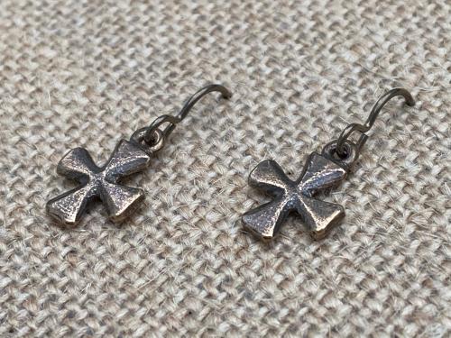 Bronze Cross Earrings, French Hooks, African Antique Replicas, Simple Small Dangling Crosses, Beautiful with Holy Moments Bronze Medals!