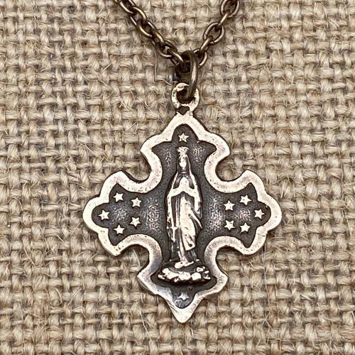 Bronze Crowned Mary with 12 Stars Medal Pendant and Necklace, Our Lady of Lourdes, French Antique Replica, Immaculate Conception, Immaculata