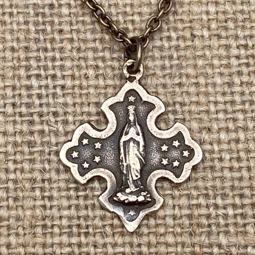 Bronze Crowned Mary with 12 Stars Medal Pendant and Necklace, Our Lady of Lourdes, French Antique Replica, Immaculate Conception, Immaculata