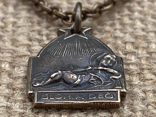 Bronze Small Gloria Deo Medal, Baby Jesus in the Manger Pendant, Antique Replica, Religious Christmas Necklace, Religious Christmas Jewelry