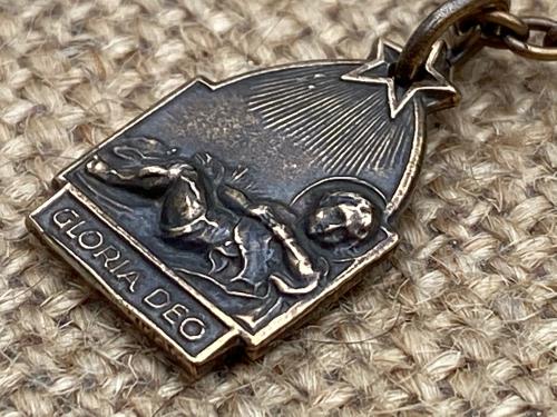 Bronze Small Gloria Deo Medal, Baby Jesus in the Manger Pendant, Antique Replica, Religious Christmas Necklace, Religious Christmas Jewelry