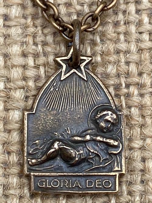 Bronze Small Gloria Deo Medal, Baby Jesus in the Manger Pendant, Antique Replica, Religious Christmas Necklace, Religious Christmas Jewelry