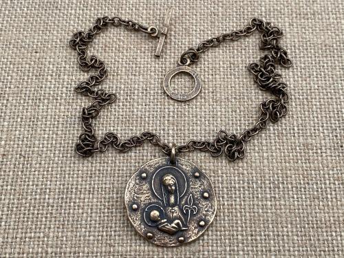 Bronze Virgin Mary & Baby Jesus, Antique Replica, Large Medal Pendant Necklace, Fleur de Lis, Our Lady, Holy Mother, Ellie Elie Pellegrin