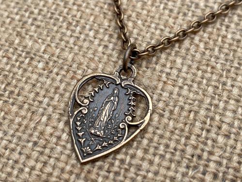 Bronze Our Lady of Lourdes Heart Medal Pendant Necklace, Antique Replica, Blessed Virgin Mary, Our Lady of Grace, Immaculate Conception