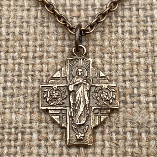 Bronze Our Lady of Mount Carmel Scapular Cross Medal and Necklace, Antique Replica, Immaculate Heart of Mary, Blessed Virgin Mary, Carmelite