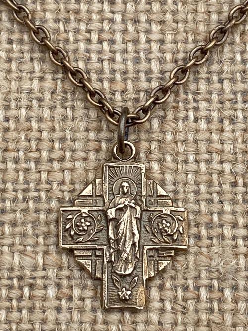 Bronze Our Lady of Mount Carmel Scapular Cross Medal and Necklace, Antique Replica, Immaculate Heart of Mary, Blessed Virgin Mary, Carmelite