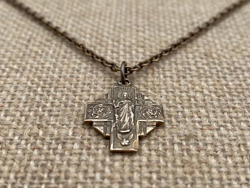 Bronze Our Lady of Mount Carmel Scapular Cross Medal and Necklace, Antique Replica, Immaculate Heart of Mary, Blessed Virgin Mary, Carmelite