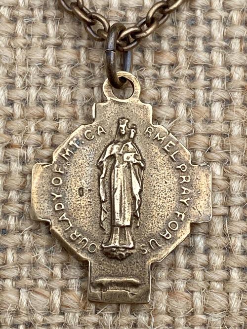 Bronze Our Lady of Mount Carmel Scapular Cross Medal and Necklace, Antique Replica, Immaculate Heart of Mary, Blessed Virgin Mary, Carmelite