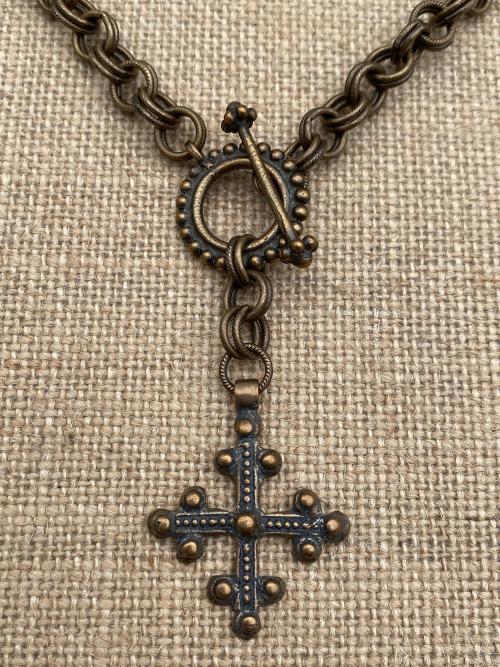 Bronze Old Coptic Trinity Cross Pendant Necklace, Antique Replica, Front Toggle Clasp, Unusual Cross Necklace, Boho Chic Christian Necklace