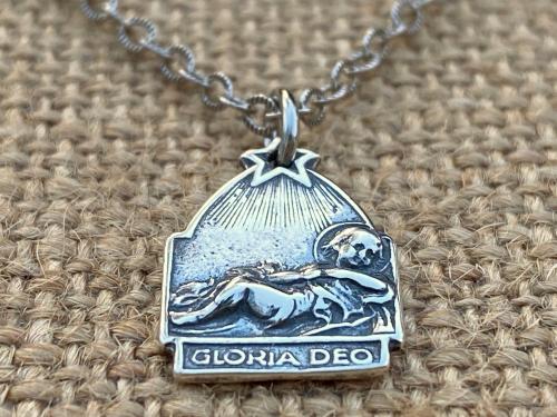 Sterling Silver Gloria Deo Medal, Baby Jesus in Manger Pendant, Antique Replica, Religious Christmas Necklace, Religious Christmas Jewelry