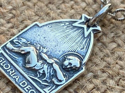 Sterling Silver Gloria Deo Medal, Baby Jesus in Manger Pendant, Antique Replica, Religious Christmas Necklace, Religious Christmas Jewelry