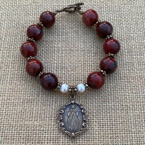 Divine Mercy Chaplet, Rosary Bracelet, Bronze Antique Replica Medal, Jesus I Trust in You, Jasper Gemstones, Freshwater Pearls, St Faustina