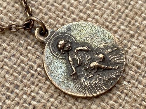 Bronze Baby Jesus in the Manger Nativity Pendant, Antique Replica Medal, Religious Christmas Necklace, Religious Christmas Jewelry