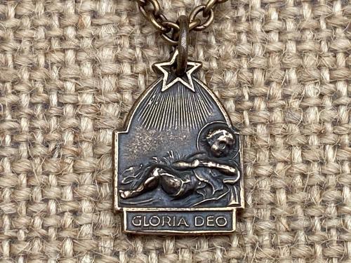 Bronze Small Gloria Deo Medal, Baby Jesus in the Manger Pendant, Antique Replica, Religious Christmas Necklace, Religious Christmas Jewelry