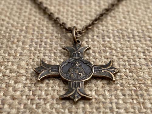 Bronze Sacred Heart of Jesus Cross Pendant Necklace, Antique Replica Medal, Sacre Coeur de Jesus, Apostolat du Coeur de Jesus, 18 inch Chain