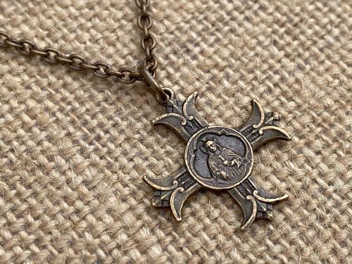 Bronze Sacred Heart of Jesus Cross Pendant Necklace, Antique Replica Medal, Sacre Coeur de Jesus, Apostolat du Coeur de Jesus, 18 inch Chain