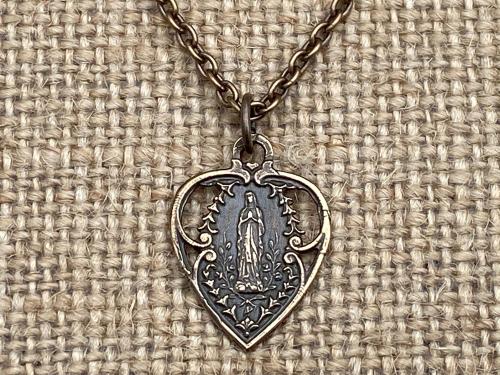 Bronze Our Lady of Lourdes Heart Medal Pendant Necklace, Antique Replica, Blessed Virgin Mary, Our Lady of Grace, Immaculate Conception