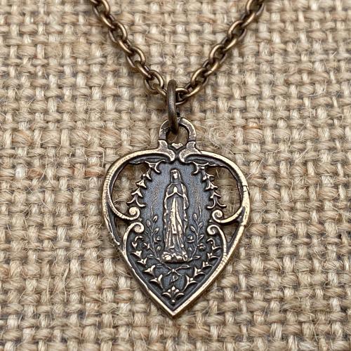 Bronze Our Lady of Lourdes Heart Medal Pendant Necklace, Antique Replica, Blessed Virgin Mary, Our Lady of Grace, Immaculate Conception