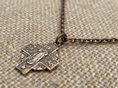 Bronze Our Lady of Mount Carmel Scapular Cross Medal and Necklace, Antique Replica, Immaculate Heart of Mary, Blessed Virgin Mary, Carmelite