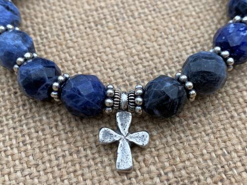 Sterling Silver Our Lady of Guadalupe Bracelet, Denim Blue Sodalite Gemstones, Antique Replica Medal, Button Closure, Dangling Cross Charm