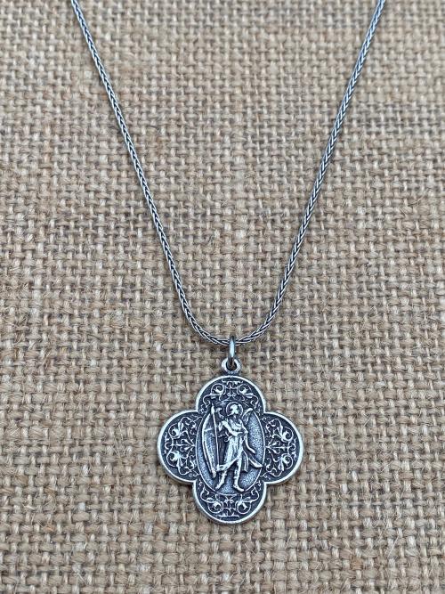 Sterling Silver, Antique Replica, St. Raphael the Archangel, Angel of Healing, Oxidized Wheat Spiga Chain Necklace, Saint Illness, .925